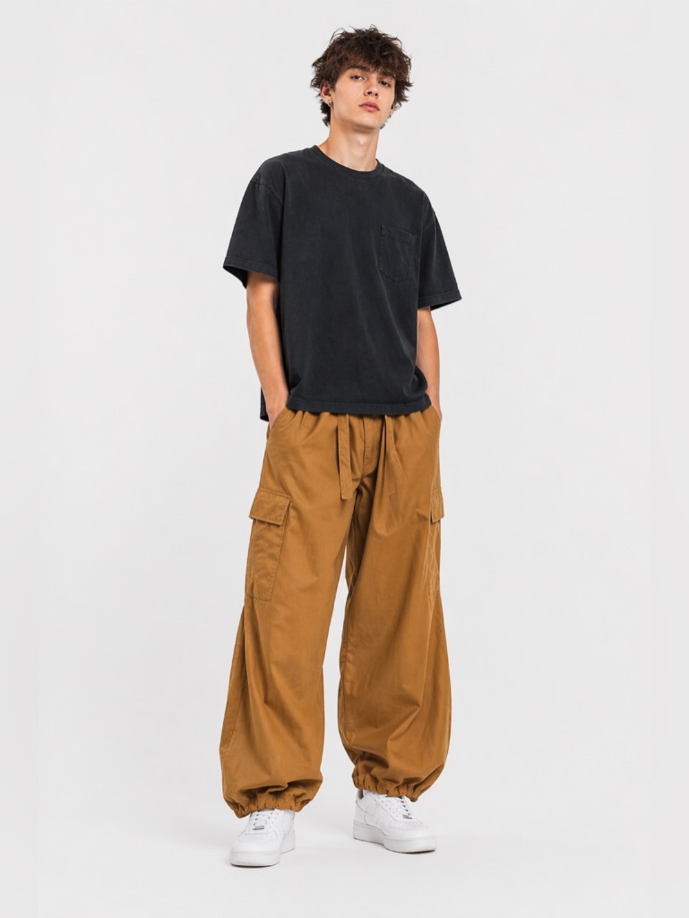 Boohoo Man Brown Cargo Pants Elastic Waist Drawstring Pockets Men’s Size L Tall